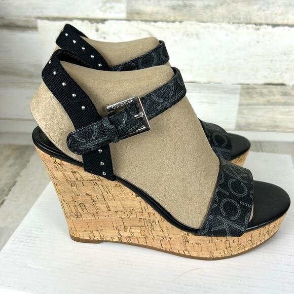 Calvin Klein Karmona Women’s 6.5 Black Logo faux Leather Wedge Strappy Sandals - Picture 4 of 8